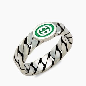 Gucci Silver-Tone Braided Ring with Green Logo